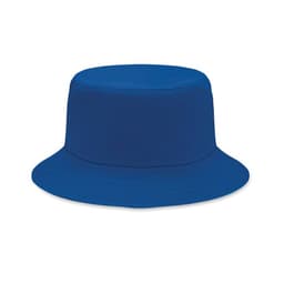 A blue bucket hat with a wide brim and a flat top, featuring a simple design without embellishments.