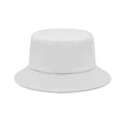A bucket hat in white with a round crown and wide, downward-sloping brim. It features a simple design without embellishments.