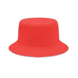 A red bucket hat with a wide brim and a structured crown. It features a simple, unadorned design.
