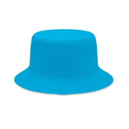 A bucket hat in bright blue, featuring a structured design and a wide brim for sun protection.