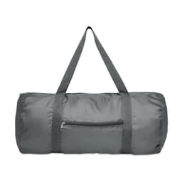 A grey duffle bag with two shoulder straps and a zippered pocket on one side.