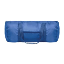 A blue duffle bag with a zippered opening and two carry handles. It features a front pocket.