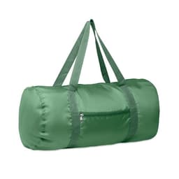 A green duffel bag with two straps and a zippered pocket on one side.