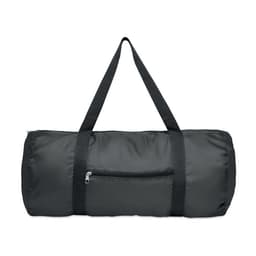 A black duffel bag with two shoulder straps and a zippered front pocket.