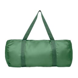 A green duffel bag with two matching handles is displayed. The bag has a smooth, durable surface.
