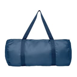 A navy blue duffel bag with two sturdy handles for carrying.