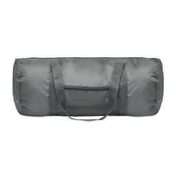 A grey duffel bag with dual carrying straps and a zippered closure. It features a front pocket for additional storage.