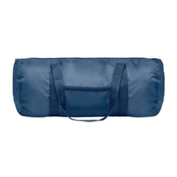 A blue duffel bag with two handles and a zip closure, featuring a small front pocket.
