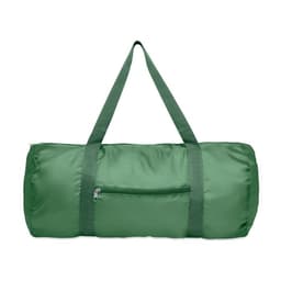 A green duffel bag with two handles and a zippered pocket on the front. Features a smooth, durable fabric.