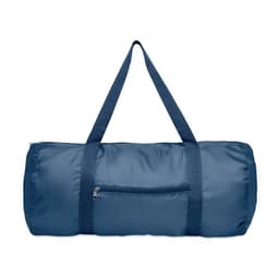 A duffel bag in a navy blue colour with sturdy handles and a zippered pocket on the side.