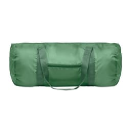 A green duffel bag with two handles and a zipper closure. It features a pocket on one side.
