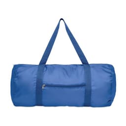 A blue duffel bag with a zippered pocket and dual handles for easy carrying.