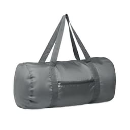 A grey duffel bag with two handles and a zippered pocket on the side.