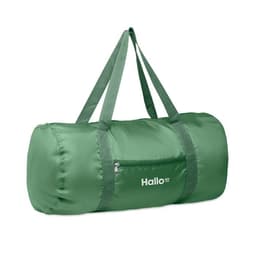 A green duffel bag with dual handles and a zippered pocket on the side, featuring a logo.