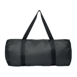 A black duffle bag with two handles, featuring a cylindrical shape and a zippered opening.