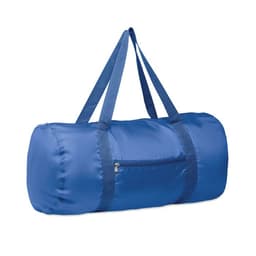 A blue duffel bag with two straps and a zippered pocket on one side. It has a smooth, shiny fabric.