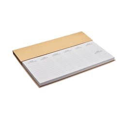 A notepad with a brown cover and white pages, featuring lines for writing. It includes a logo on the cover.