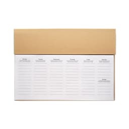 A planner with a brown cover and a weekly layout, featuring spaces for daily notes and activities.