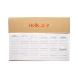 A planner with a brown box, featuring a white weekly layout for scheduling with spaces for each day of the week.