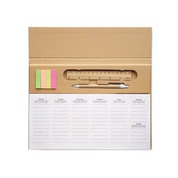 A stationery set featuring a light brown folder, ruler, white pen, and colourful sticky notes.