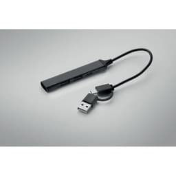 A black USB hub with multiple ports and a detachable cable, featuring a sleek, modern design.