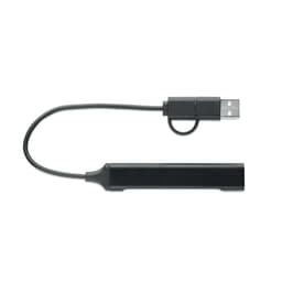A USB storage device in black with a cable attached, featuring a simple design and a connector.