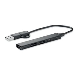 A USB hub featuring a black design with multiple USB ports and a USB-C connection.