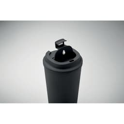 A drink bottle in matte black with a flip-top lid and a circular opening. It features a branding logo.