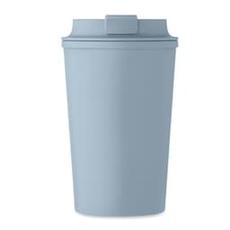 A drink bottle in a soft blue colour with a secure lid and a simple design. It features a logo on the front.