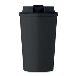 A black drink bottle with a secure lid, featuring a simple design and a logo on the front.