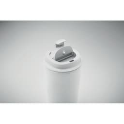 A drink bottle in white with a flip-top opening and a grey lid, featuring a simple design and smooth surface.