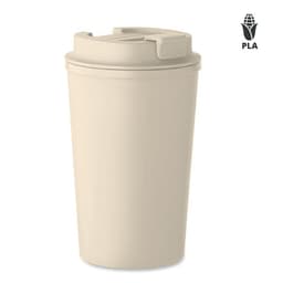 A drink bottle in a light beige colour with a lid and a logo. The design is sleek and modern.