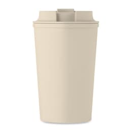 A drink bottle in a neutral beige colour with a flip-top lid and a simple design. Features a logo.