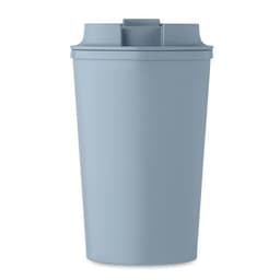 A drink bottle in a soft blue colour with a removable lid and a sleek design. Features a logo on the front.