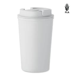A drink bottle in white with a secure lid and a logo. Made from PLA material.