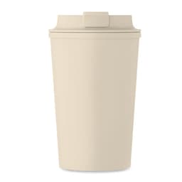 A drink bottle in a light beige colour with a secure lid and a minimalist design. It features a logo on the front.