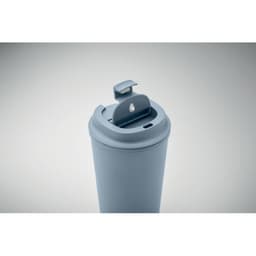 A drink bottle in soft blue with a flip-top lid and a narrow opening for easy sipping.
