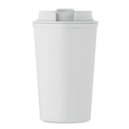 A drink bottle in white, featuring a sleek design and a lid with an opening. It has a simple branding logo.