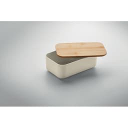 A storage container in cream with a wooden lid, featuring a sleek design and a smooth finish.