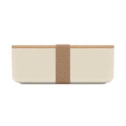 A storage container in cream with a wooden lid and a textured, beige strap for secure closure.