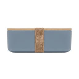 A storage container in soft blue with a wooden lid and a brown strap, featuring a textured design. 