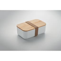 A white rectangular lunchbox with a wooden lid and a brown elastic strap. It features a simple, modern design.