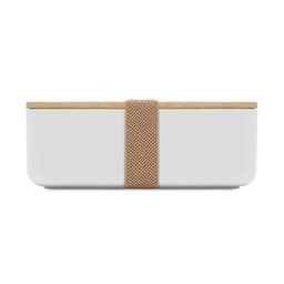A white lunch box with a bamboo lid and a tan textured band for secure closure. It has a sleek, modern design.