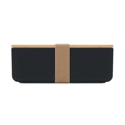 A lunch box with a black base, a wooden lid, and a brown mesh strap for secure closure. It features a simple design.