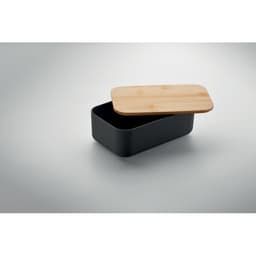 A black rectangular container with an open bamboo lid. Features a sleek, minimal design.