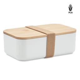 A lunch box in white with a wooden lid, secured by a beige elastic strap. It features a branding logo.