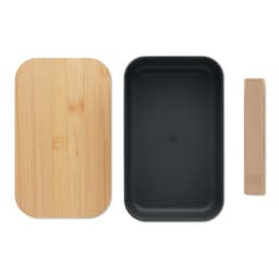 A rectangular bamboo lid, a black tray, and a small textured strip are displayed on a white background.