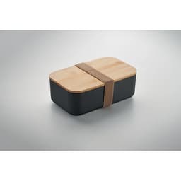 A rectangular lunch box with a bamboo lid and a dark grey base, secured with a brown elastic strap.