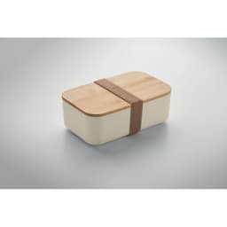A storage container with a wooden lid and a beige body, secured with a brown elastic band.
