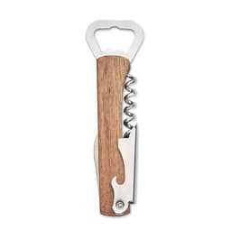 A corkscrew with a wooden handle and stainless steel components, featuring a bottle opener and a small knife.